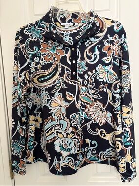 Chico's Navy Floral Paisley Long Sleeve Polo Shirt